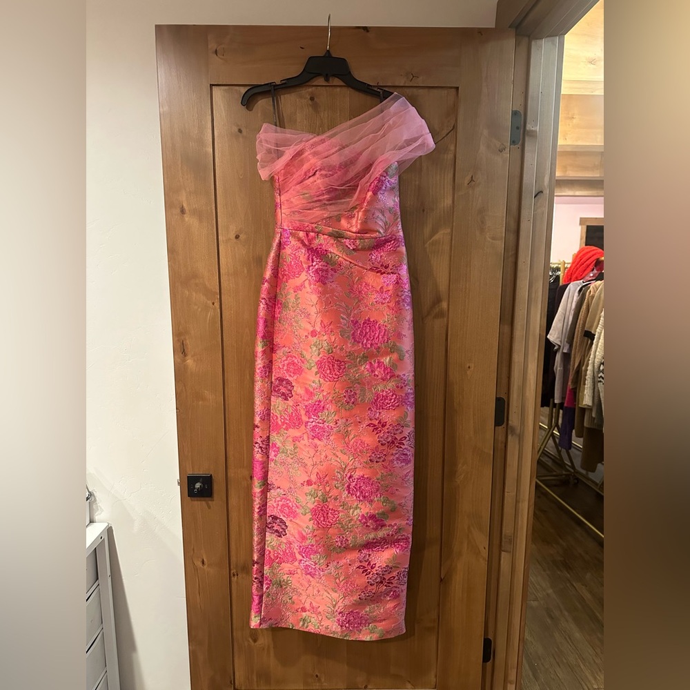 Theia Beverly Draped One Shoulder Jacquard Dress - Picture 2 of 6
